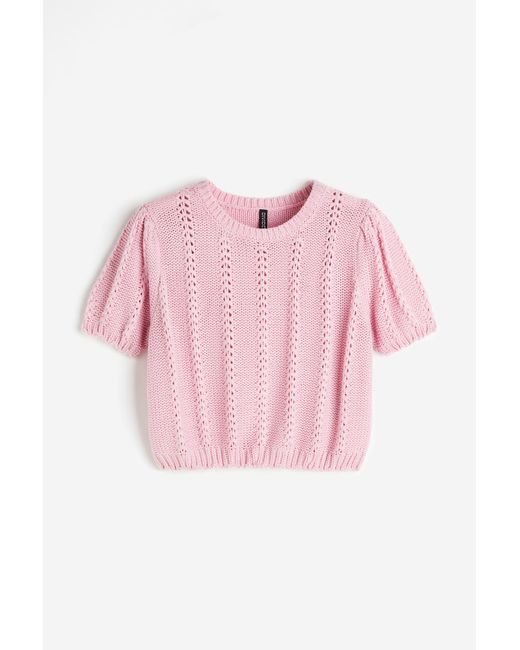 H&M Structuurgebreide Top Met Pofmouwen in het Pink