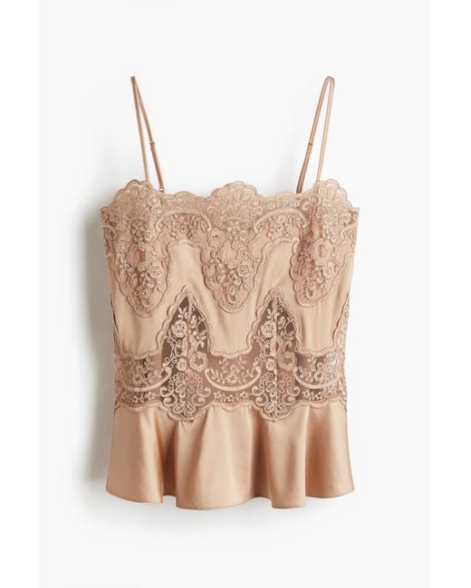 H&M Natural Trägertop aus Satin mit Spitzeneinsätzen