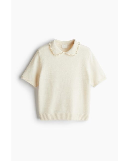 H&M White Kurzarmpullover mit Perlenkragen