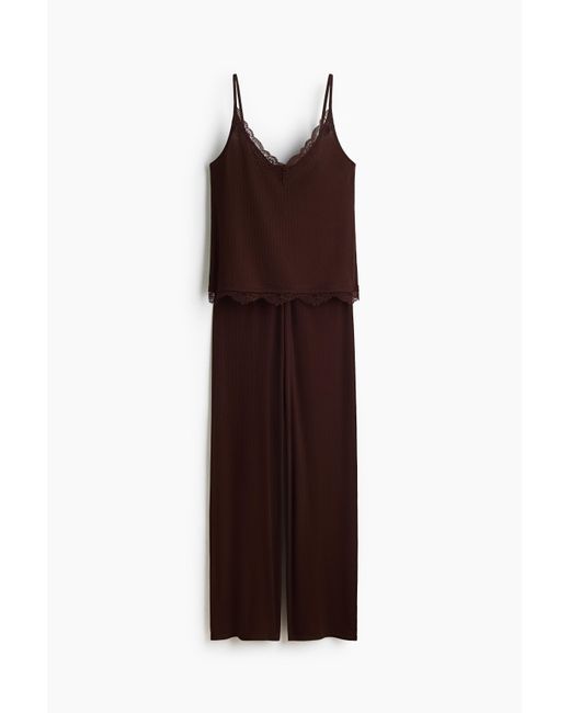 H&M Geribde Pyjama Met Kant in het Brown