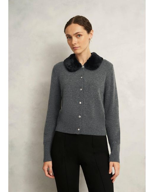 Hobbs Gray Lulah Wool Blend Fur Collar Knitted Cardigan