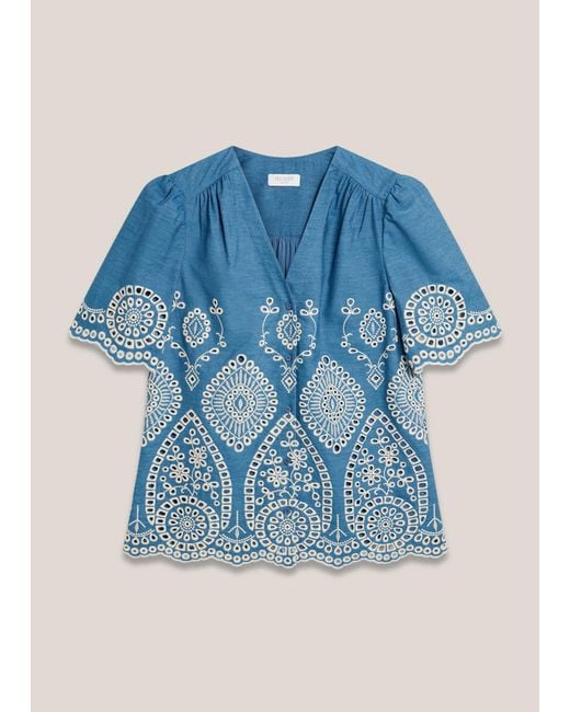 Hobbs Blue Sloane Cotton Broderie Blouse