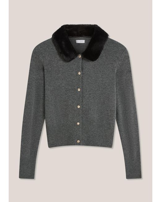 Hobbs Gray Lulah Wool Blend Fur Collar Knitted Cardigan