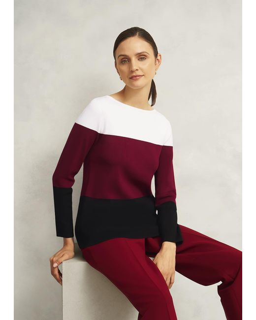 Hobbs Red Burgundy Alice Colour Block Crew Neck Knitted Jumper