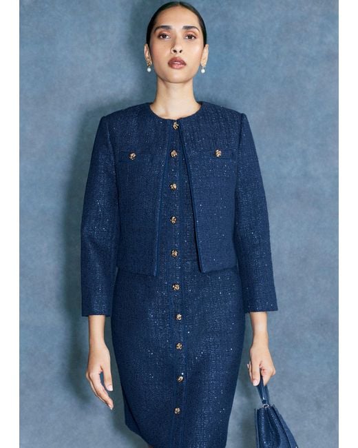 Hobbs Blue Bria Sequin Tweed Jacket