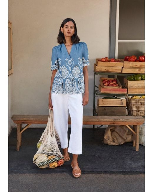 Hobbs Blue Sloane Cotton Broderie Blouse