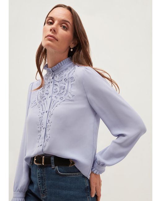 Hobbs Gray Delora Embroidered Lace Trim Blouse