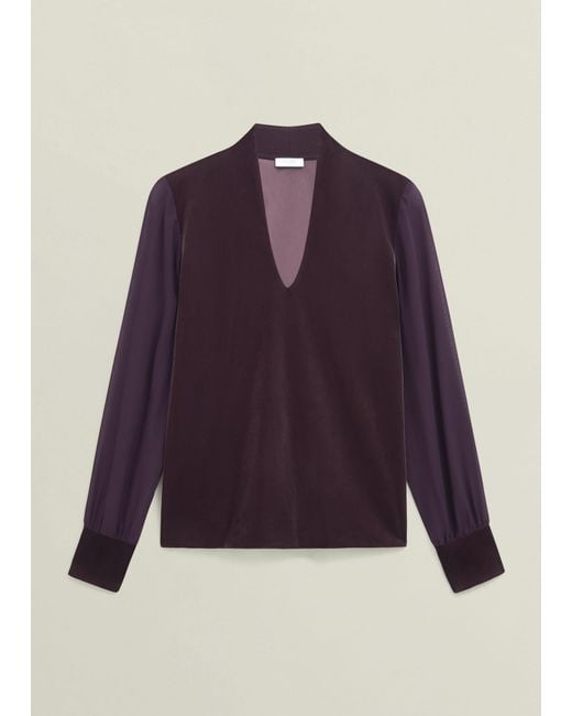 Hobbs Blue Aimee Velvet V Neck Long Sleeve Top