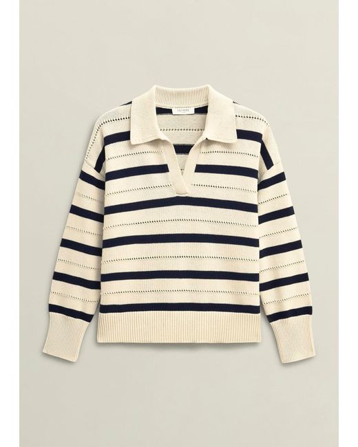 Hobbs Blue Ivory Beauford Cotton Stripe Polo Knitted Jumper