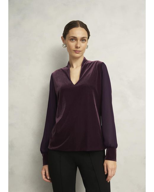 Hobbs Blue Aimee Velvet V Neck Long Sleeve Top