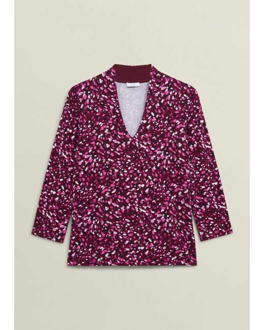 Hobbs Purple Burgundy Aimee Printed V Neck 3/4 Sleeve Top