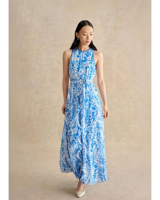 Hobbs Blue Petite Taryn Ruffle Maxi Dress