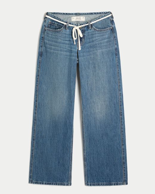Hollister Blue Ultra Low-rise Mini Waistband Dark Wash Tie Waist Baggy Jeans