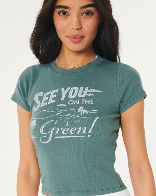 Hollister Blue Geripptes Baby-Tee mit See You On the Green Golf-Grafik