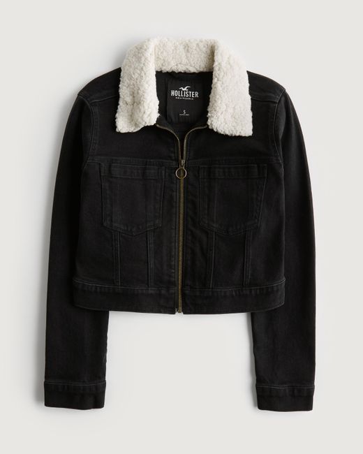 Hollister Black Sherpa Collar Crop Denim Jacket