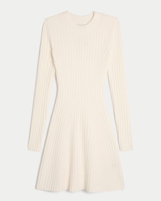 Hollister Ribbed Skater Mini Sweater Dress in Natural | Lyst UK