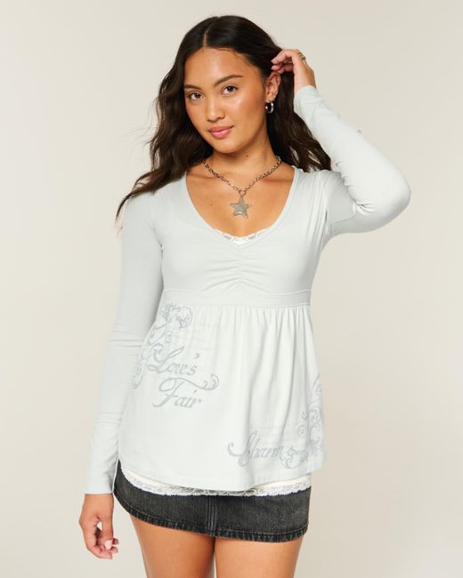 Hollister White Long-sleeve Pinch Bust Graphic Babydoll Top