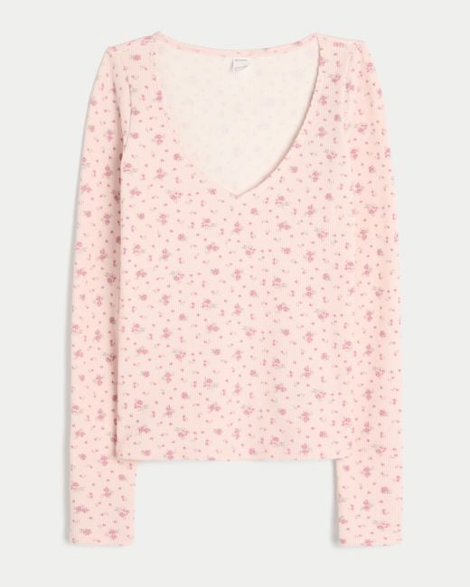 Hollister Pink Gilly Hicks Always Cozy Waffle V-neck Long-sleeve Top