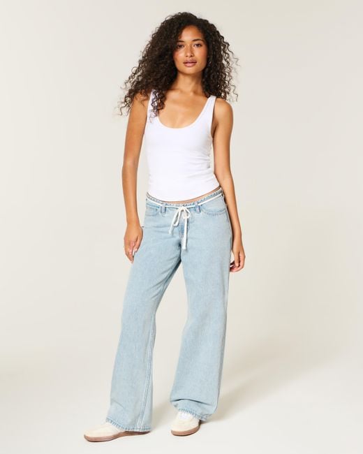 Hollister Blue Ultra Low-rise Mini Waistband Light Wash Tie Waist Baggy Jeans