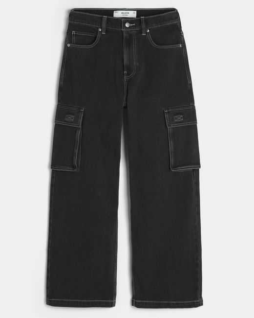 Hollister Washed Black Super Baggy Cargo Jeans for men