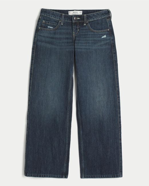 Hollister Blue Ultra Low-rise Distressed Dark Wash Baggy Jeans