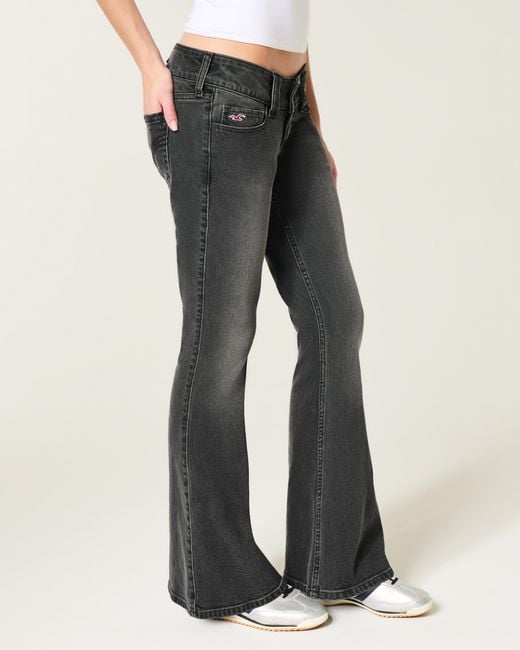 Hollister Adjustable Waist Ultra Low-rise Washed Black Back Buckle Flare Jeans