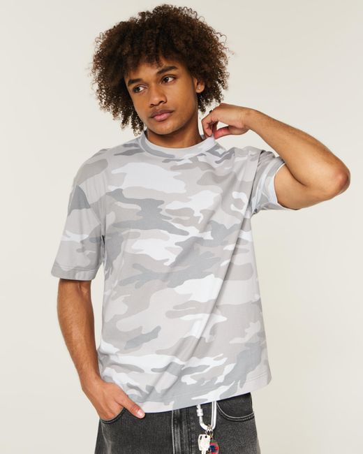 Hollister Gray Boxy Heavyweight Cotton Camo Crew T-shirt for men