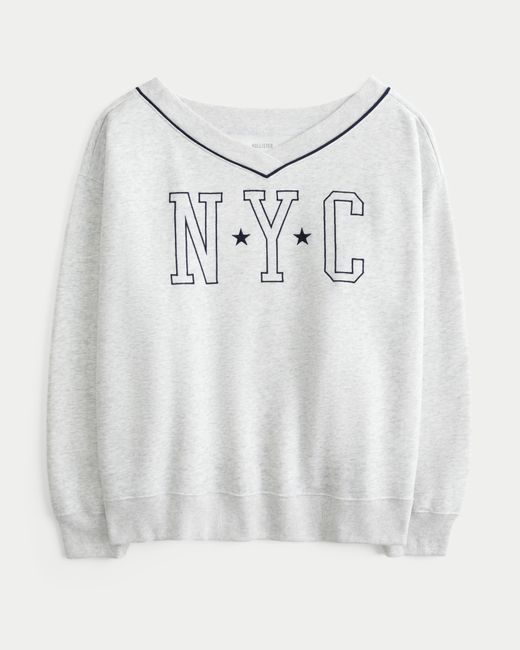 Hollister Gray Oversized Nyc Graphic V-neck Sweatshirt