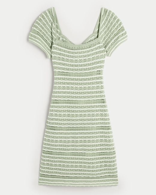 Hollister Green Short-sleeve Crochet-style Twist Back Mini Dress