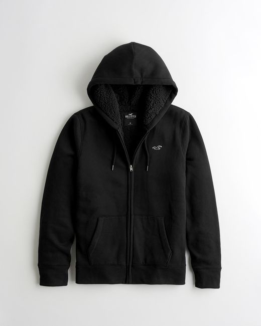 Hollister Black Sherpa-lined Full-zip Icon Hoodie for men