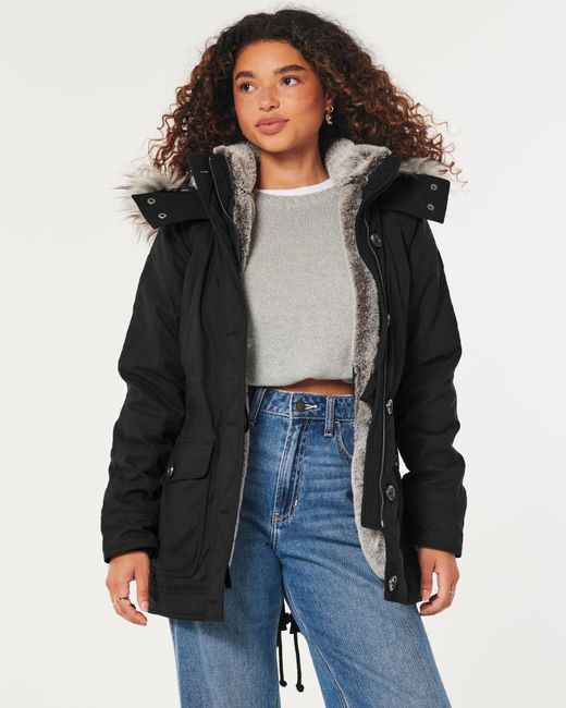 Hollister Faux Fur-lined Cozy Parka in Black | Lyst UK