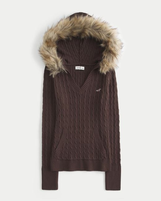 Hollister Brown Faux Fur Trim Hooded Cable-knit Sweater