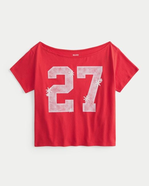 Hollister Red Easy Off-the-shoulder Number Graphic Tee