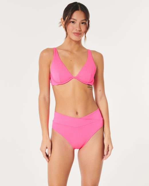 Hollister Pink Gerippte Bikinihose mit hohem überkreuzten Bund