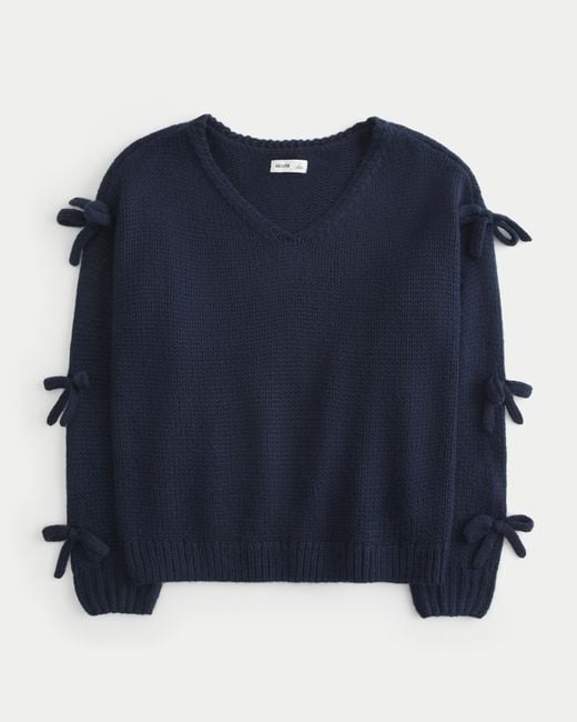 Hollister Blue Off-the-shoulder Bow Applique Sweater