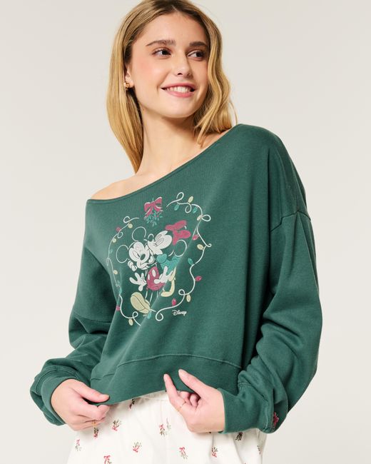 Hollister Green Mini Mickey And Minnie Mouse Graphic Sweatshirt