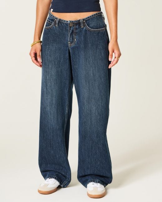 Hollister Blue Ultra Low-rise Mini Waistband Dark Wash Baggy Jeans