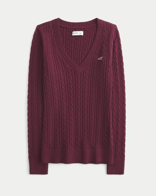 Hollister Purple Cable-knit Icon V-neck Sweater