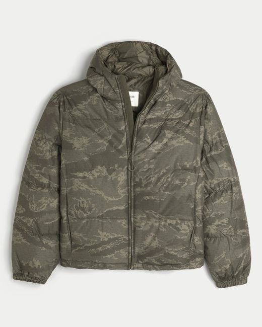 Hollister Green Hooded Camo Puffer Jacket for men
