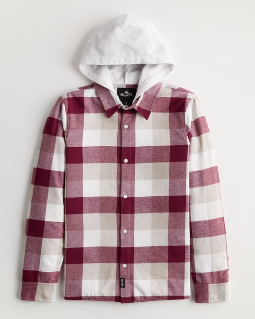 Hollister Hooded Flannel Shirt in Red for Men | Lyst UK