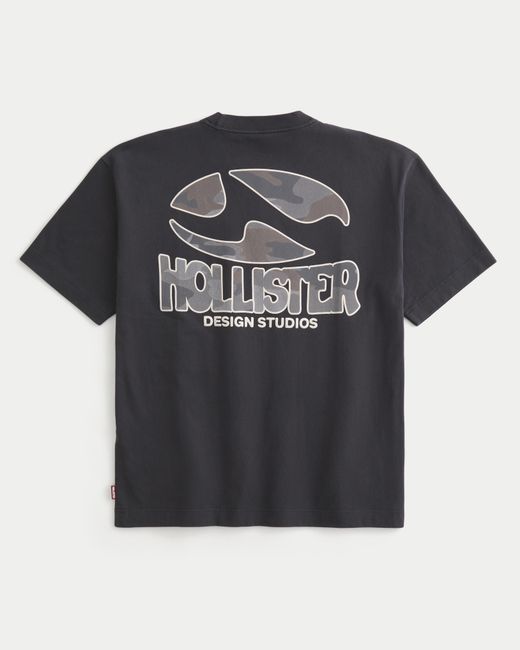 Hollister Black Boxy Heavyweight Logo Graphic Tee for men
