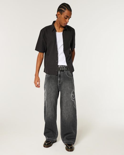 Hollister Gray Washed Black Graphic Super Baggy Jeans for men