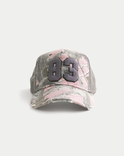 Hollister White Pink Camo Number Graphic Trucker Hat for men