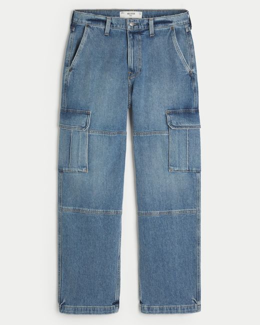 Hollister Blue Medium Wash Baggy Cargo Jeans for men