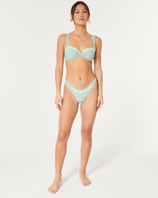 Hollister Green Ruched Embroidered Balconette Bikini Top