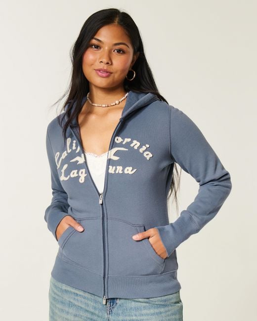Hollister Blue Hollister Feel Good Waffle Lined Hood Zip-up Logo Graphic Hoodie