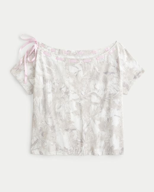 Hollister White Easy Off-the-shoulder Tie Camo T-shirt