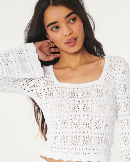 Hollister White Long-sleeve Square-neck Crochet-style Sweater