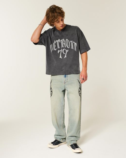 Hollister Black Heavyweight Baggy Crop Detroit Graphic Football T-shirt for men