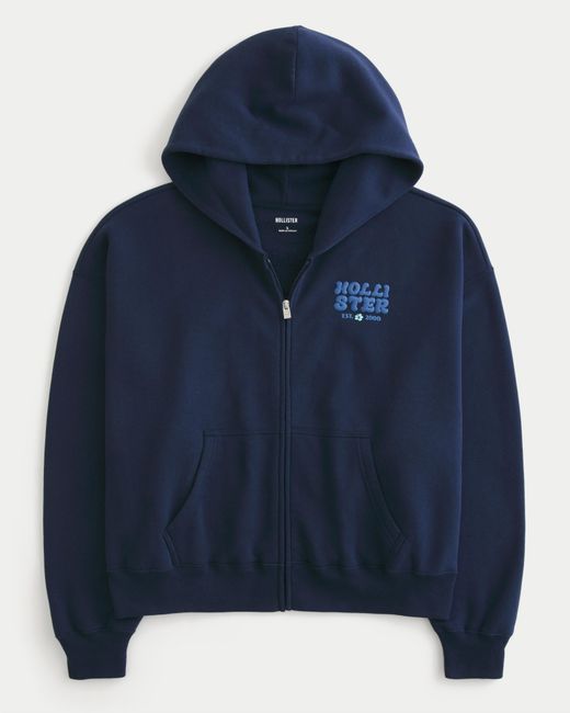 Hollister Blue Hollister Feel Good Easy Zip-up Logo Graphic Hoodie